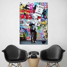 1 PCS Banksy Art “Love Is The Answer" Wall Art Large Colorful Graffiti Street Artwork A Man Holding a Sign Canvas Print Painting
