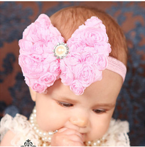 12Clrs Fashion children kids Baby girls Pearl & 2-layer Rose Flowers Bowknot Headband Headwear Hair Band Head Piece Accessories