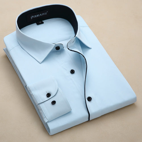 2017 Men's Placket Inner Contrast Dress Shirts Regular Fit Business Casual Long-sleeved Plaid Striped/Twill Shirt For Work Wear