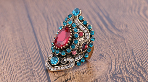 2017 New Turkey Jewelry Pink Big Vintage Wedding Rings For Women Plating Gold Mosaic Blue Crystal Fashion Love Gift